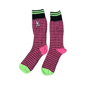 Psycho Bunny Socks Mens OS Pink Black Excellent Houndstooth Crew Logo Neon Green